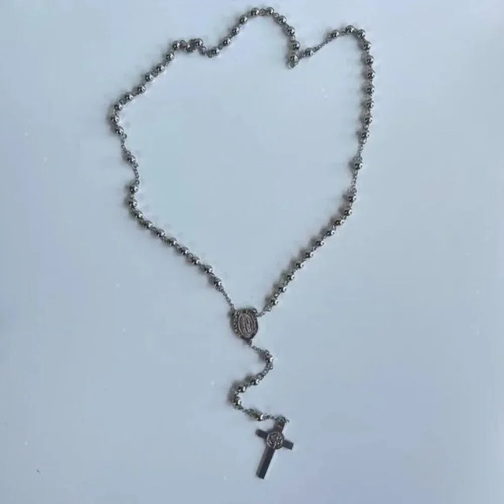 y2k 2000s chrome silver rosary bead necklace